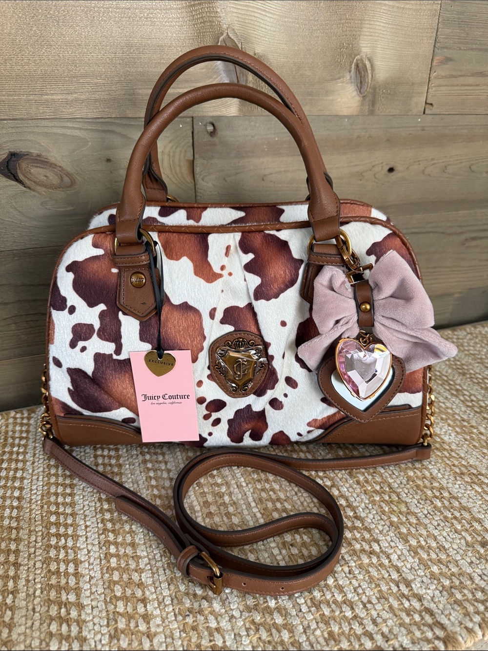 Juicy Couture Fuzzy Brown & White Cow Satchel with Bow & Heart Charms, NWT